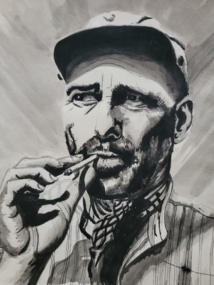 1973 Humphrey Bogart Africian Queen Movie Pen Ink Painting Drawing 10×12