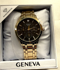 Geneva Men's Genuine Diamond Gold Tone Black Dial Watch- New