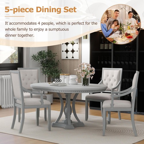 Retro 5 Piece Extendable Round Dining Set Antique Gray Oak Table and Chairs | eBay