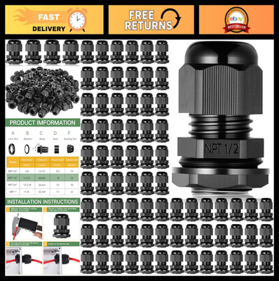 50 Pcs 1/2'' NPT Waterproof Nylon Cable Gland, IP68 Adjustable Locknut Connectors