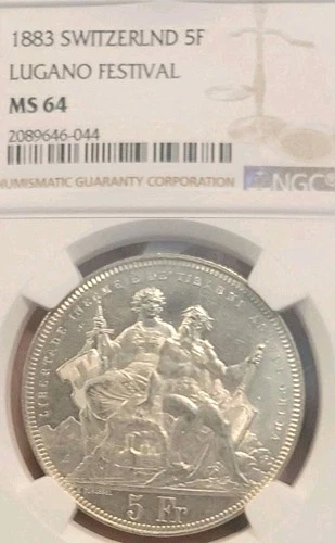 Switzerland 1883 5Fr. Lagano Taler Superb Gem NGC 64PQ Frosty Full Strike  Rare