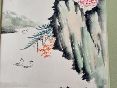 Vintage JAPANESE Watercolor Painting Signed Landscape Boats 8 3/4