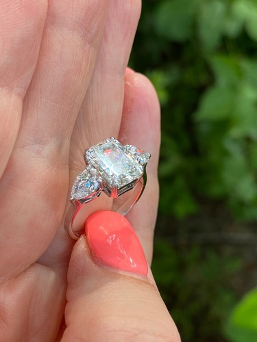 Bague de fiançailles 3 pierres IGI 2,72 ct E-VS1 laboratoire cultivé taille radiante diamant or 14 carats - Photo 10 sur 16