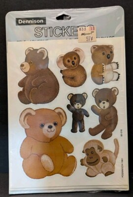 New Vintage 1981 Dennison Teddy Bear, Monkey & Koala Stickers