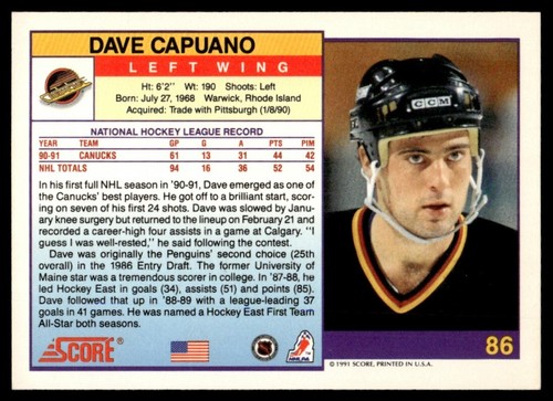 1991-92 Score American #86 Dave Capuano Vancouver Canucks - Picture 2 of 2