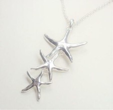 BEACH FASHION NAUTICAL THREE STARFISH SILVER TONE RHODIUM NECKLACE  EARRINGS
