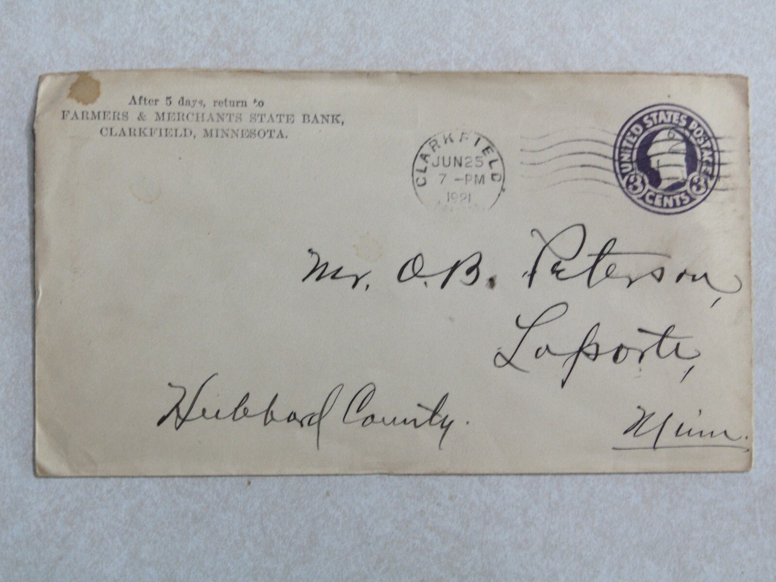 Farmers & Merchants State Bank Clarkfield MN envelope letterhead 1921