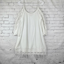 Willa Dress White Lace Floral Fringe Cold Shoulder Tunic Cover Up Small Half Sle