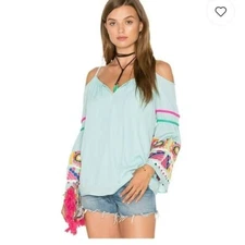 VaVa Joy Han Jubilee Open Shoulder Top XS Teal Blue Floral Embroidered Boho Revo