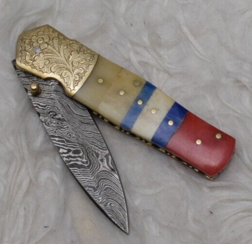 Damascus Handmade Liner Lock Folding Pocket Knife for Camping and Hunting - Model H-1072
