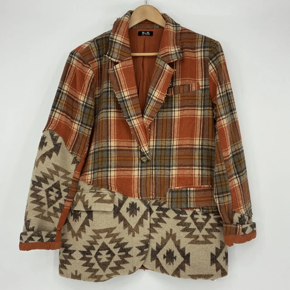 Miss Me女式拼布格子橙色抓绒外套夹克 — 第 3/4 张图片