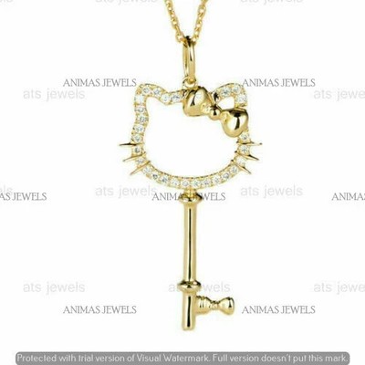 1Ct Round Cut Lab Create Diamond Hello Kitty Key Pendant 14K Yellow Gold Plated