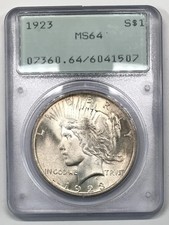 1923 P Peace Silver Dollar PCGS MS-64 - "Rattler" Old Green Holder (OGH)