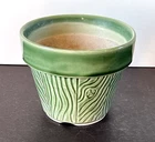 Vintage Small Green Brush McCoy Flower Pot MCM Embossed Woodgrain 3 7/8"