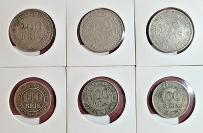 LOT OF 6 Brazil Imperial Coins 100 200 Reis 1871-1889 Pedro II