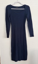 GUESS Blue Solid V-Neck Knit Sweater Dress Midi Long Sleeve Stretch M