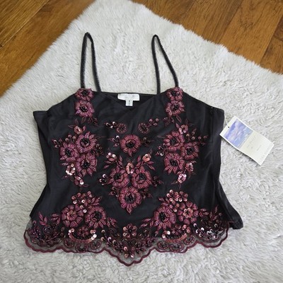 NWT Flora Nikrooz Beaded Bodice Camisole Top Women's XL Black Floral Vintage