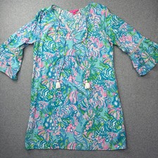 Lilly Pulitzer Dress Womens Large Blue Pink Floral Bell Sleeve Tassel Shift