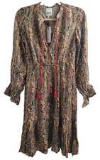 NWT Raga Anthropologie Anaka Dress S Metallic Floral Tassel Boho Mini L/S