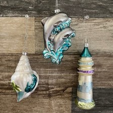 Coastal Glass Christmas Ornaments Set 3 Dolphin Lighthouse Conch Shell Nautical
