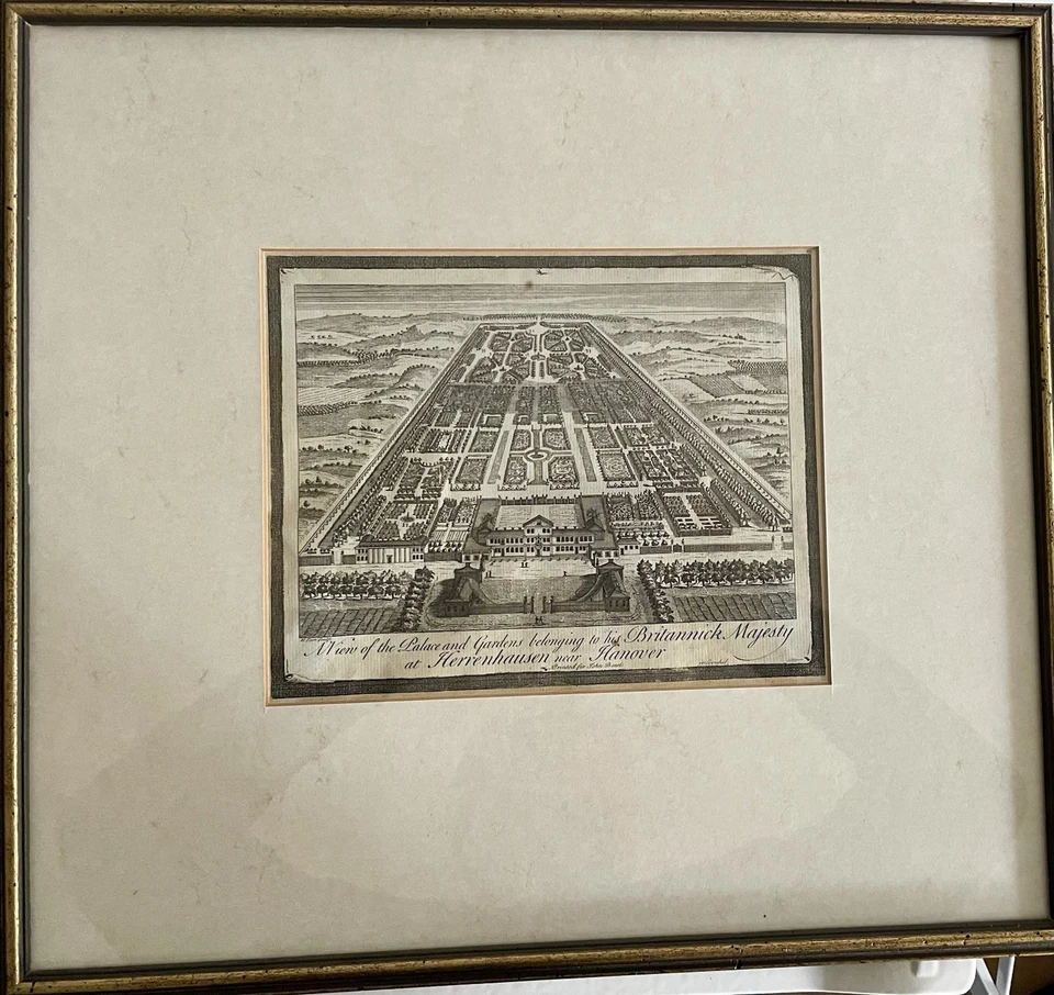 Herrenhausen, 1745, Parr, originaler Kupferstich, Hannover, Vogelperspektive - Bild 2 von 2