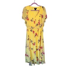 DKNY Yellow Floral Ruffled Midi Dress Womens 14 Spring Romantic Coquette Flutter