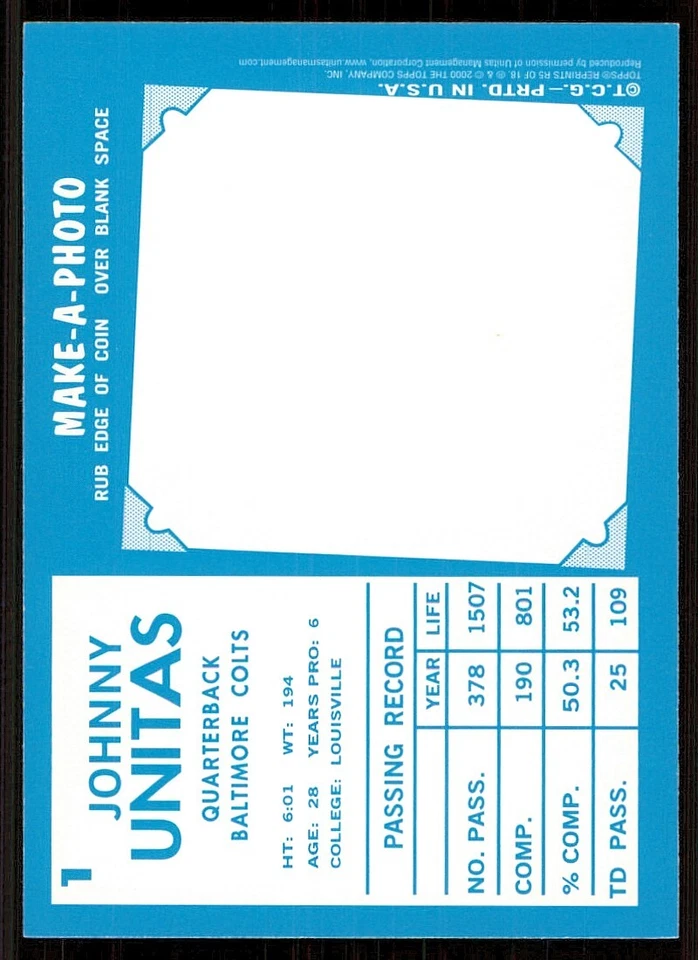 2000 Topps Unitas Reprints #R5 Johnny Unitas 1961 - Image 2 of 2