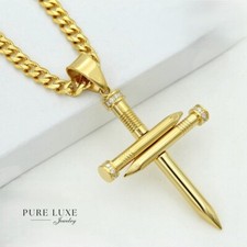 Men's Stainless Steel CZ Nail Cross Pendant 24" Cuban Chain Gold plated Box