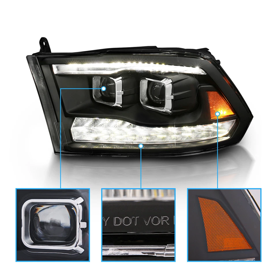 For 2009-2023 Dodge Ram 1500 2500 3500 Black LED Bar Dual Projector Headlights Foto 4 de 4