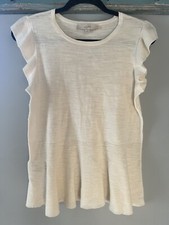 LOFT Striped Ruffle Sleeve Peplum Sweater Cream M
