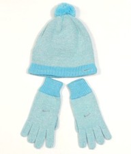 Nike Blue  Metallic Silver Knit Pom Beanie  Knit Stretch Gloves Girls 4-6X