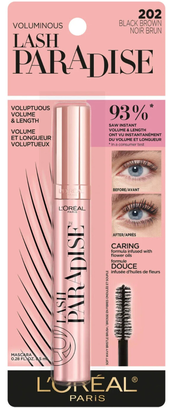 L'OREAL VOLUMINOUS LASH PARADISE WASHABLE MASCARA BLACK BROWN 202 SEALED ON CARD
