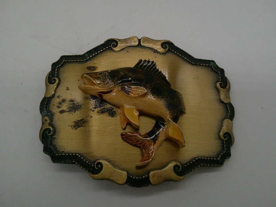 Hebilla de cinturón de metal de pez lubina saltarín de colección latón y negro 3D pesca Raintree Foto 3 de 4