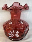 Fenton Art Glass Hand Painted Flower Cranberry Diamond Optic Pinched Vase QVC