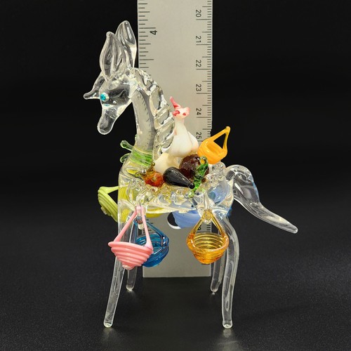 Vintage gesponnenes Glas Esel Burro bunte Körbe Hahn Obst 4,25" mundgeblasen - Bild 6 von 13