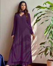 Women Faux Georgette Embroidered Kurta Palazzo Dupatta Set Indian Ethnic Wear