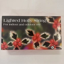 Lighted Holly On String Lights NEW Unopened 36 Red Ball Bulbs 12 Holly Bunches