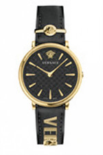 Versace Watch V-Circle VE8104622 Gold Steel 38mm Black Dial Leather Strap WR 50m