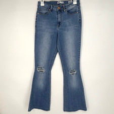 YMI Juniors Size 5 High Rise Super Flare Jeans Medium Blue Distressed 5-Pocket
