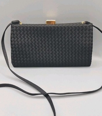 Saks Fifth Avenue Silk Chevron Black Evening Bag With Shoulder Strap