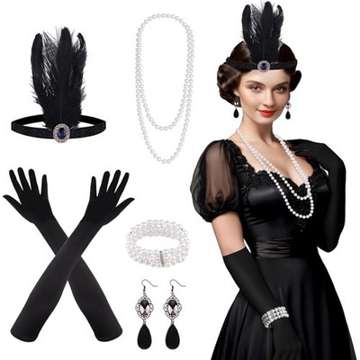 Komplettes Gatsby Kostüm Zubehör Set für Frauen: Flapper, Perlen und Handschuhe