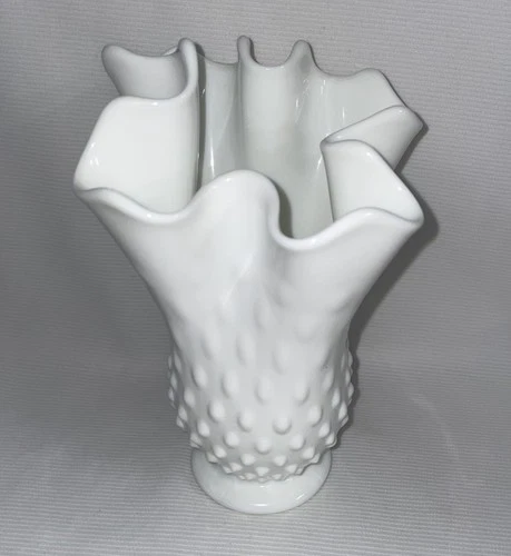 Vtg Fenton Hobnail Swung Ruffled Edge Crimped White Milk Glass Vase 7 Inches