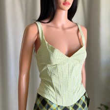 Zara Lime Green Gingham Seersucker Corset Top V-Neck Sleeveless Cottagecore S