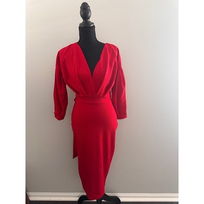 Boohoo Womens Red Puff Sleeve V-Neck Tie Waist Midi Bodycon Dress Size US 6