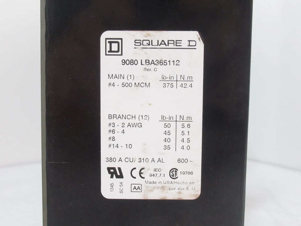Square D 9080LBA365112 Power Distribution Block 3-Pole, 1 Line, 12 Load, Ser. C - Image 4 of 4