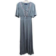 Blue Rain Women's Embroidered Floral Maxi Dress Flutter Sleeves Green Size Small