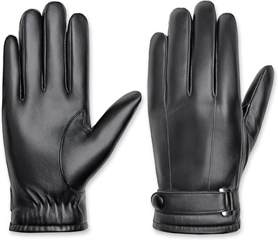 Men's Black Faux Leather Touchscreen Casual Outdoor Gloves with Soft Warm Therma