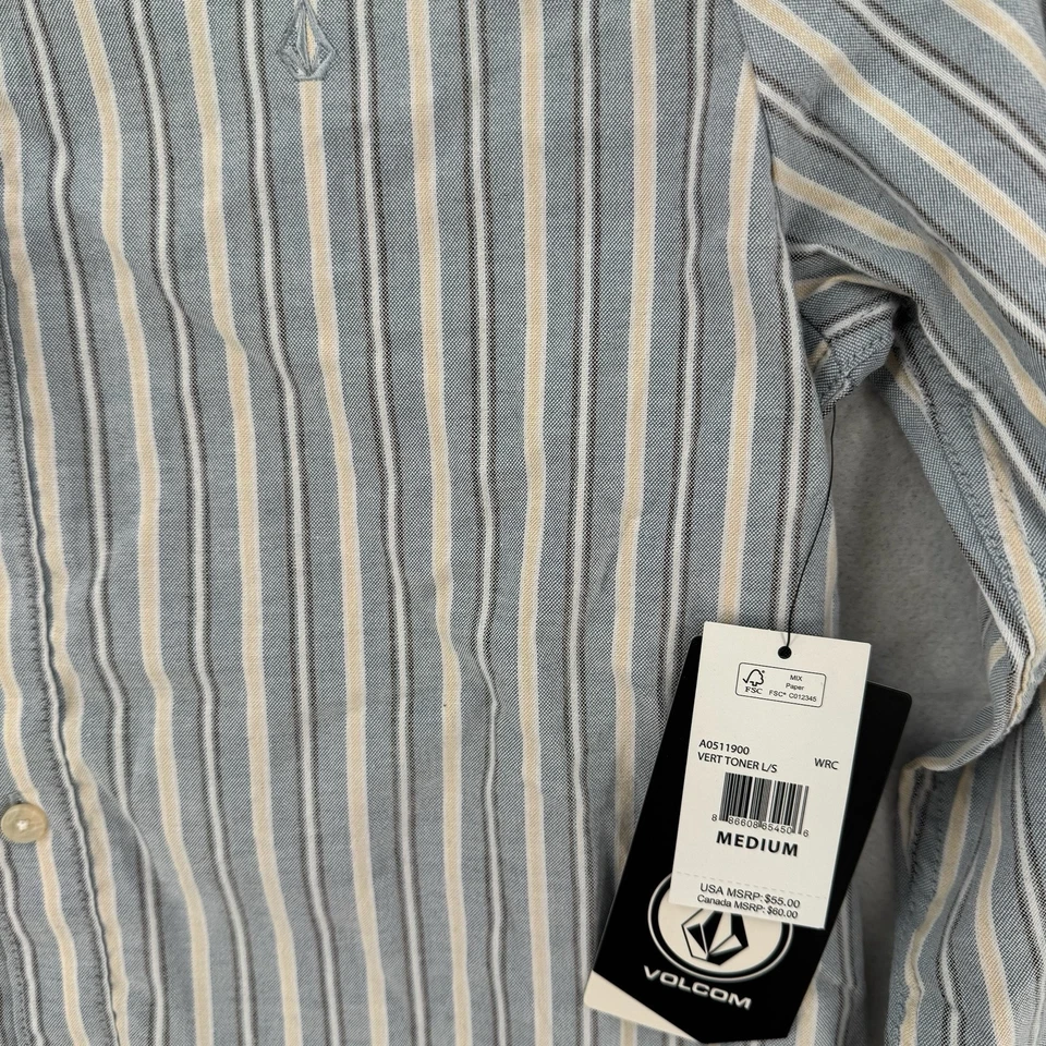 Volcom Button Down Shirt Mens Medium Modern Fit Striped Long Sleeve Blue NWT - Image 4 of 4