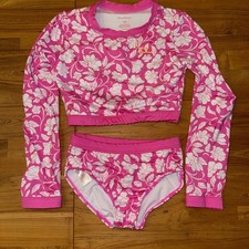 Tommy Bahama Girls' Floral Pink and White Cropped 2 Piece Swim Set Size 7-8