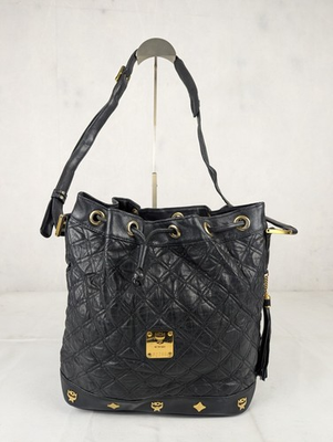 #ad MCM Vintage Black Visetos Quilted Leather Drawstring Bucket Bag $178.00